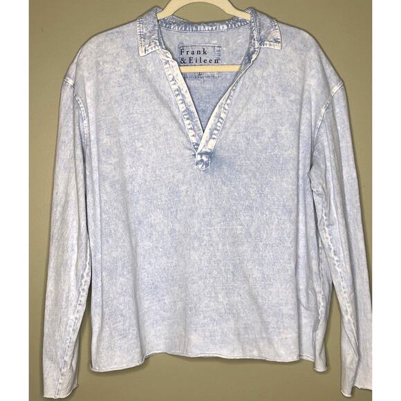 Frank & Eileen Popver Henley Mineral Blue V-Neck Collar Long Sleeve Cotton Large - Picture 2 of 12